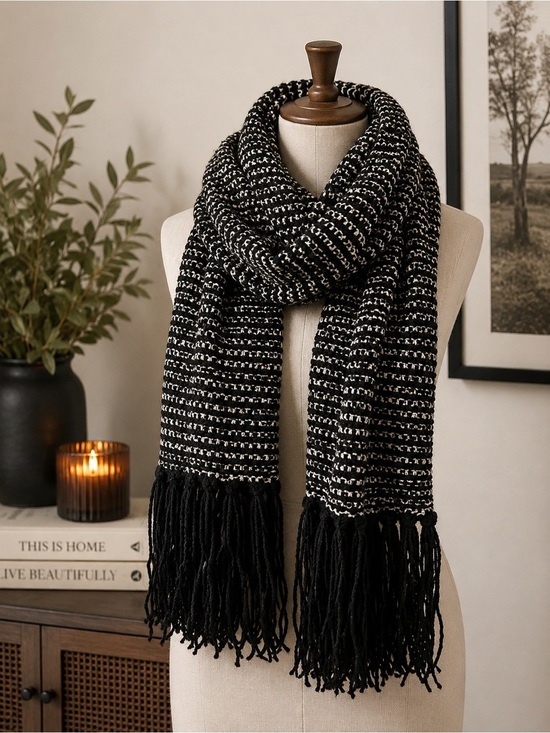 Accessories - Black Cream Knit Fringe Scarf Wrap | Boho Winter Tassel Shawl | Cozy Long Scarf